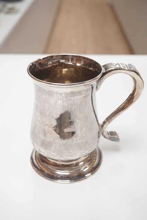 A George II provincial silver tankard by John Langlands I, with later engraved inscription, Newcastle, 1746, 12.3cm, 10.2oz. Condition - fair